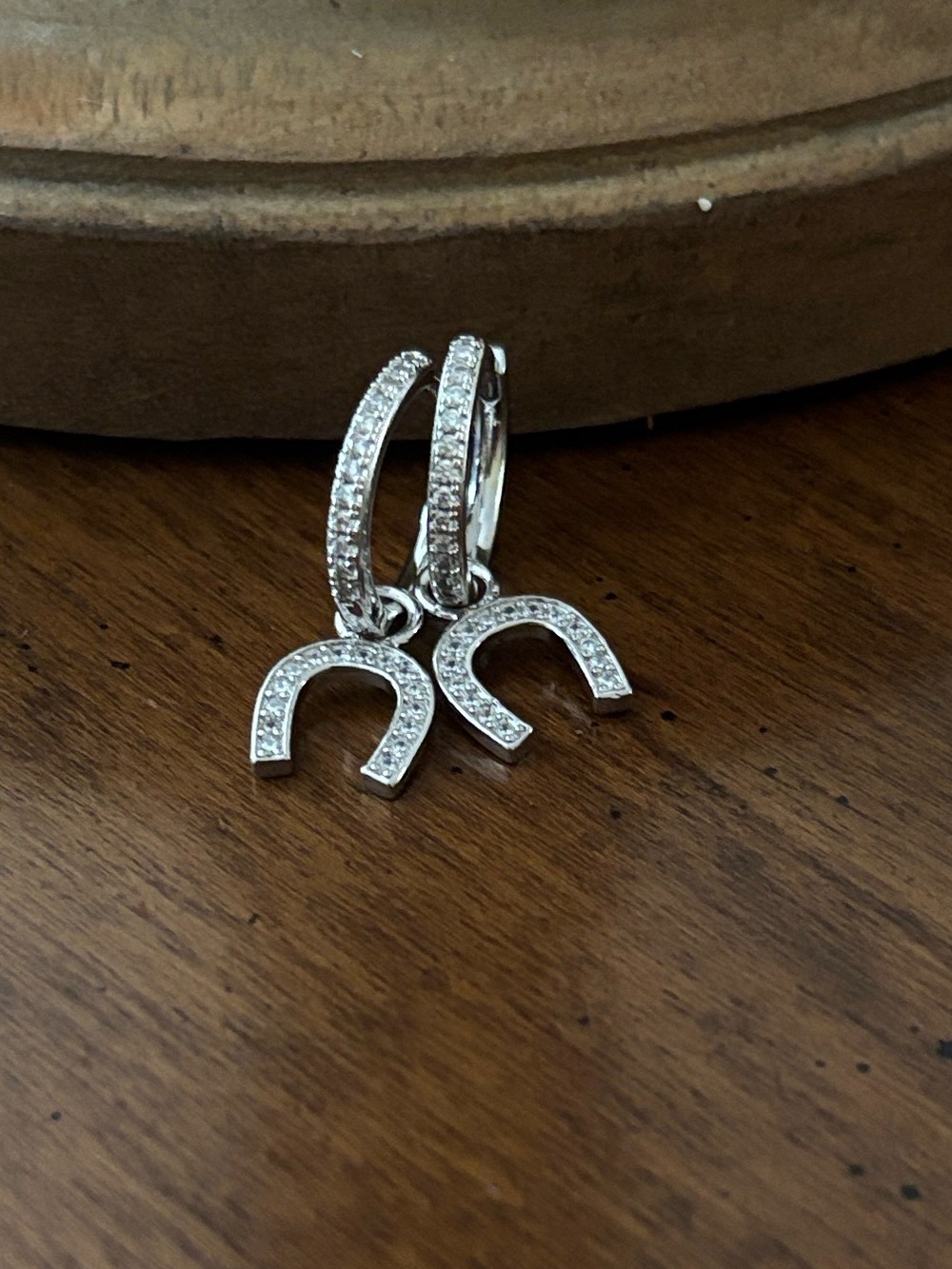 Silver tone cz Horseshoe Drop huggie Earrings -